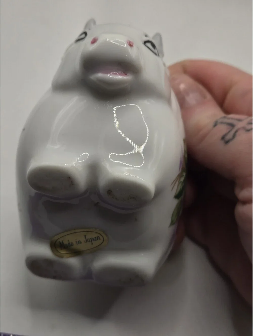 Vintage Japan Porcelain Cow Creamer Hand Painted Pink Roses Toothpick Holder
